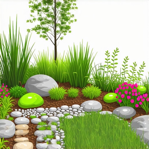 A lush, sustainable backyard with native plants, rain garden, and solar lighting.