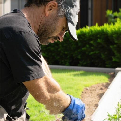 A professional landscaper designing a sustainable, native plant-filled backyard with advanced irrigation