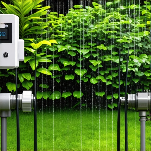 Illustration of an advanced, automated irrigation system in a landscaped garden.