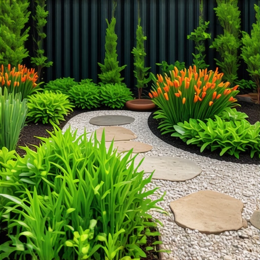 Lush garden featuring native plants, rain garden, and smart irrigation system for sustainability.