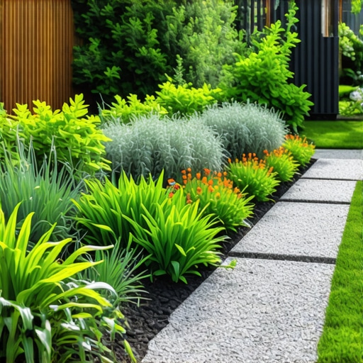 Sustainable backyard landscape featuring native plants, rain garden, and smart irrigation technology