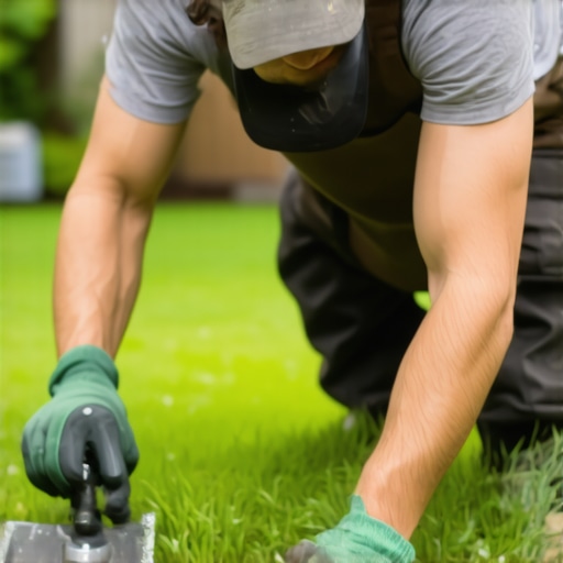 Gardener laying sod on well-prepared soil with gardening tools