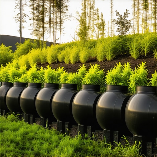 Rainwater harvesting system with barrels in a lush garden landscape