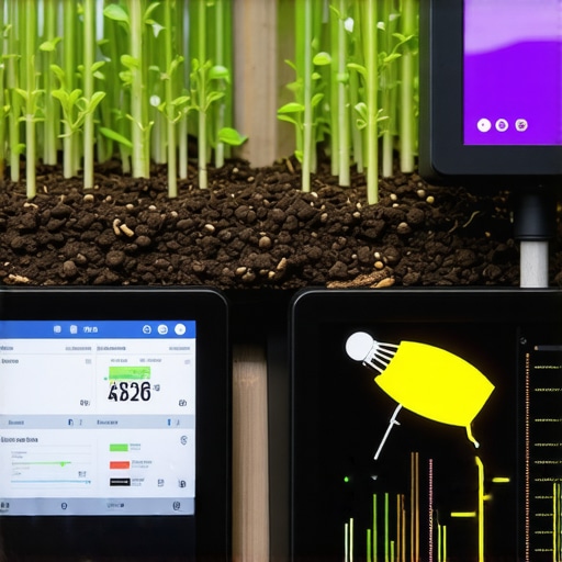 A set of high-tech soil sensors and weather stations in a lush garden setting, illustrating precision monitoring tools.