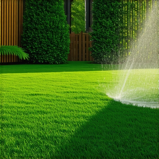 Smart Irrigation System in a Lush Backyard A modern backyard featuring a smart irrigation system with sprinklers and lush grass