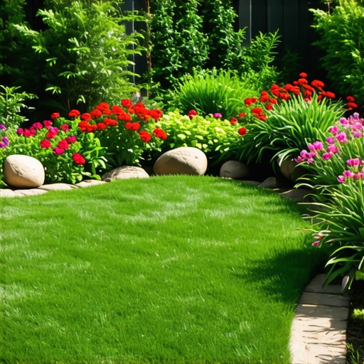 Colorful garden with lush lawn, flowers, and decorative features