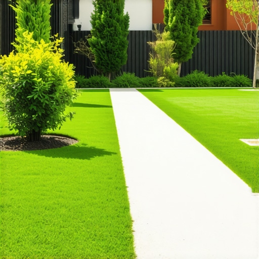 A professional yard with lush sod, sprinkler system, and well-designed flower beds