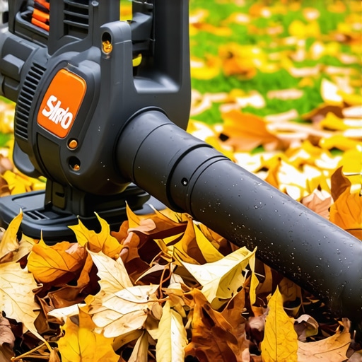 A cordless leaf blower being used to clear fallen leaves in a vibrant yard