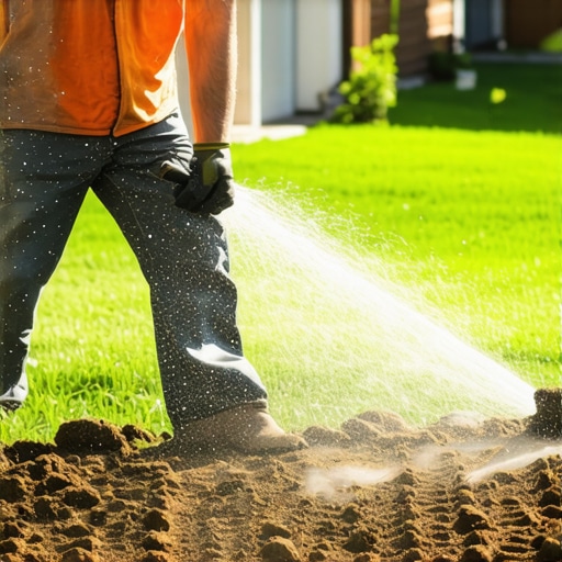 Professional landscaper laying sod with irrigation setup in a lush yard