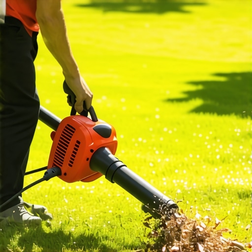 A person cleaning up a landscaped yard with a cordless leaf blower, showcasing modern tools for yard maintenance