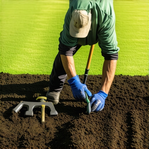 A gardener laying fresh sod on a leveled, compost-enriched soil bed.