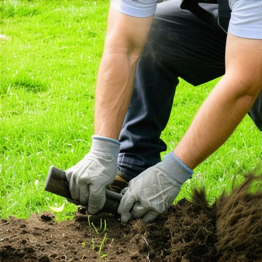 Proper Sod Installation Technique Person laying sod in a garden with focus on precise cutting and placement.