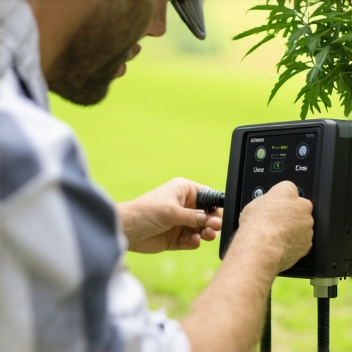 Gardener configuring a modern irrigation system to optimize watering schedules