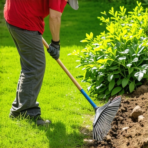 Homeowner trimming and edging a well-maintained garden bed with tools