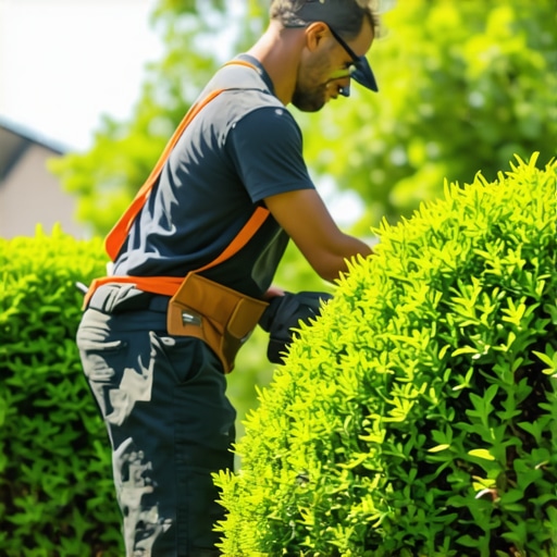 A landscaper pruning shrubs with a hedge trimmer during yard cleanup