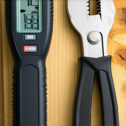 Soil moisture meter and wrench on garden table, illustrating tools for yard upkeep.