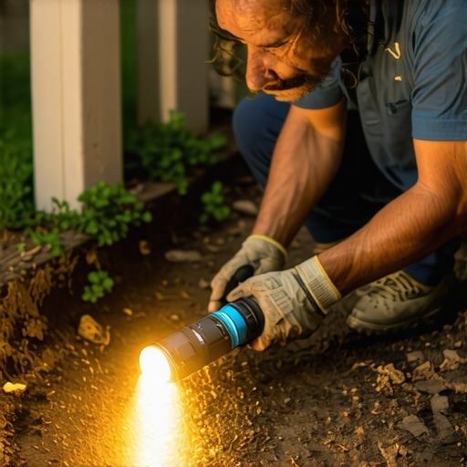 Homeowner Detecting Leaks with Dye and Flashlight A person examining underground sprinkler pipes with dye for leak detection.