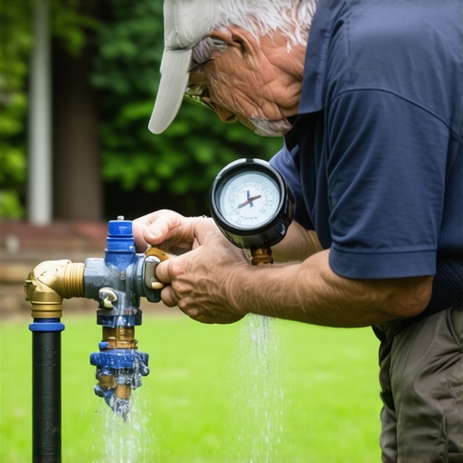 Person checking water pressure on sprinkler system with a gauge in a garden