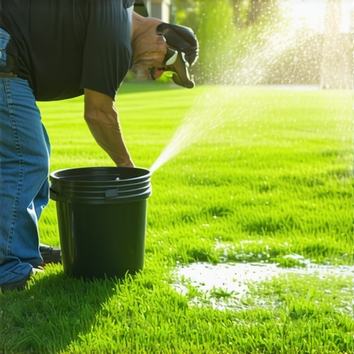 Inspecting Sprinkler Coverage Homeowner checking sprinkler spray patterns in a healthy lawn during daytime.
