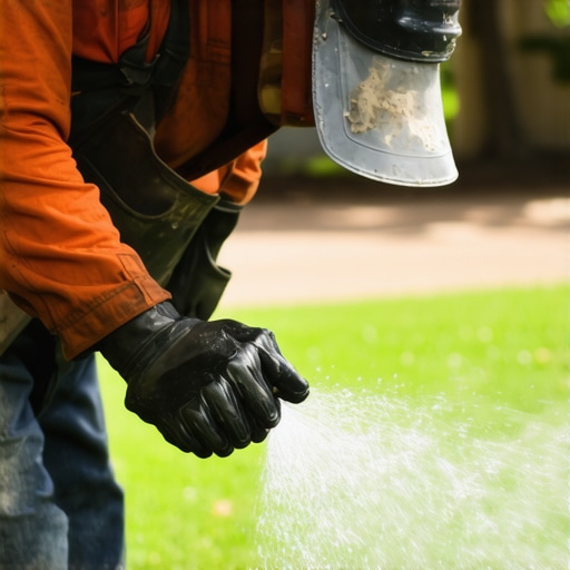 Man repairing a leaking sprinkler head in a well-maintained yard.