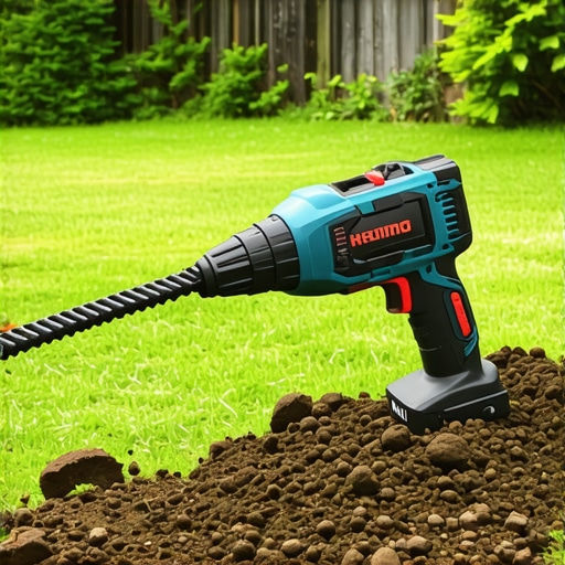 Professional cordless demolition hammer for landscaping A sturdy cordless demolition tool being used in a landscaped yard, highlighting effective soil preparation equipment.